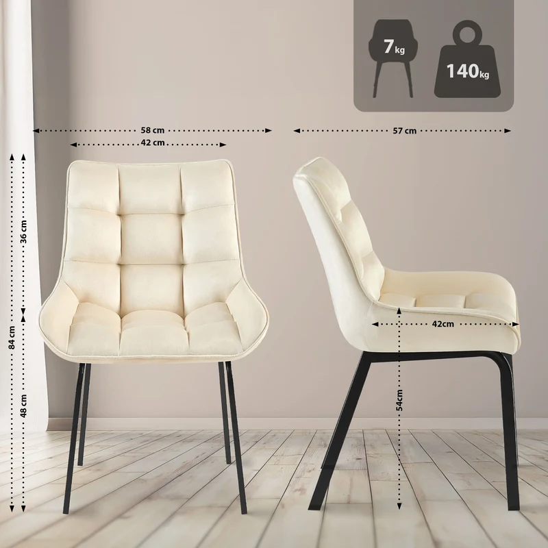 Chaise de salle à manger x1 en velours crème généreusement rembourrée piètement en métal noir 10_0007285