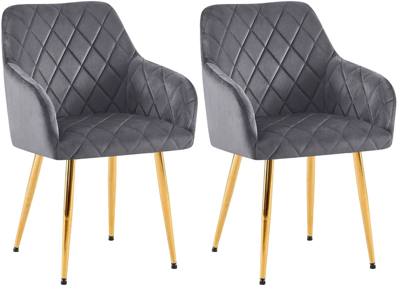 Lot de 2 chaises de salle à manger en velours gris foncé avec coutures décoratives en losange chic et contemporain 10_0007865