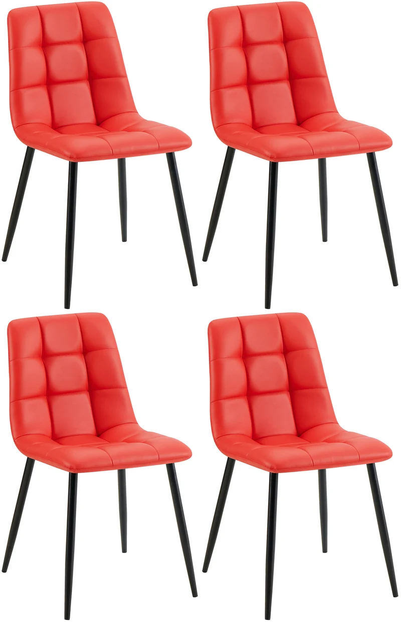 Lot de 4 chaises de salle à manger coutures forme carrées en PVC rouge pieds en métal noir 10_0007788
