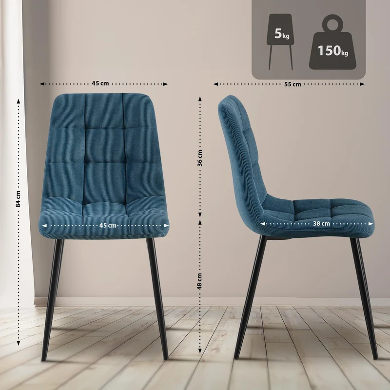 Chaise de salle à manger x1 avec coutures décoratives carrées en velours côtelé bleu cadre métal 10_0007472