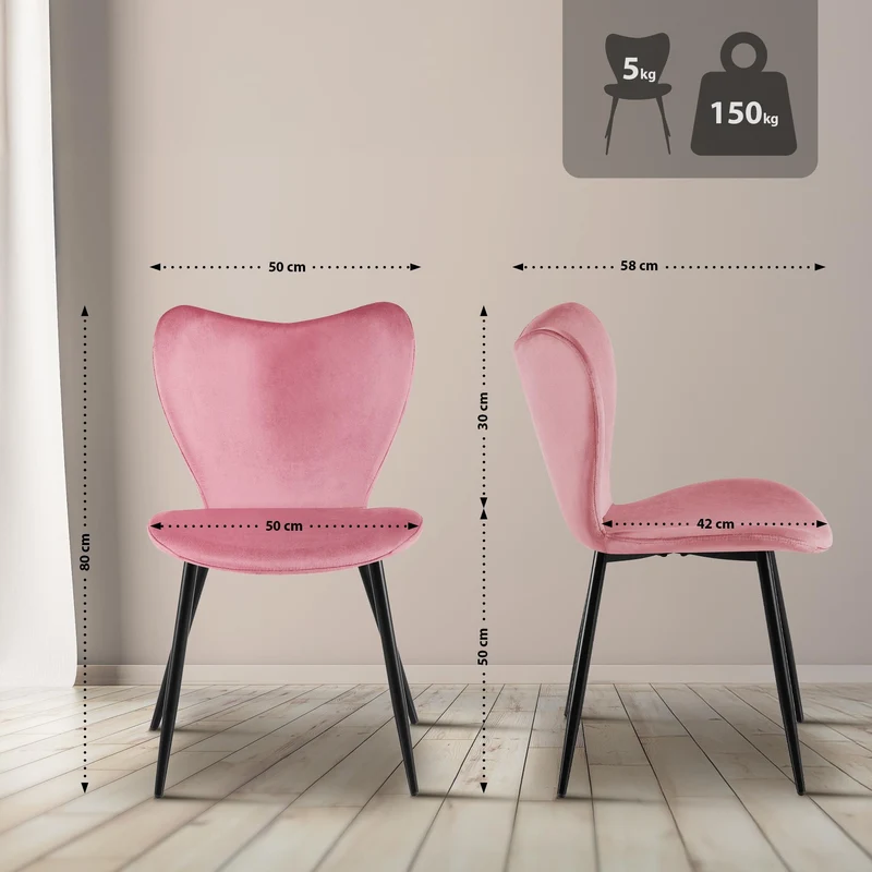 Chaise de salle à manger x1 dossier forme arrondie en papillon en velours rose cadre à quatre pieds en métal noir 10_0007653