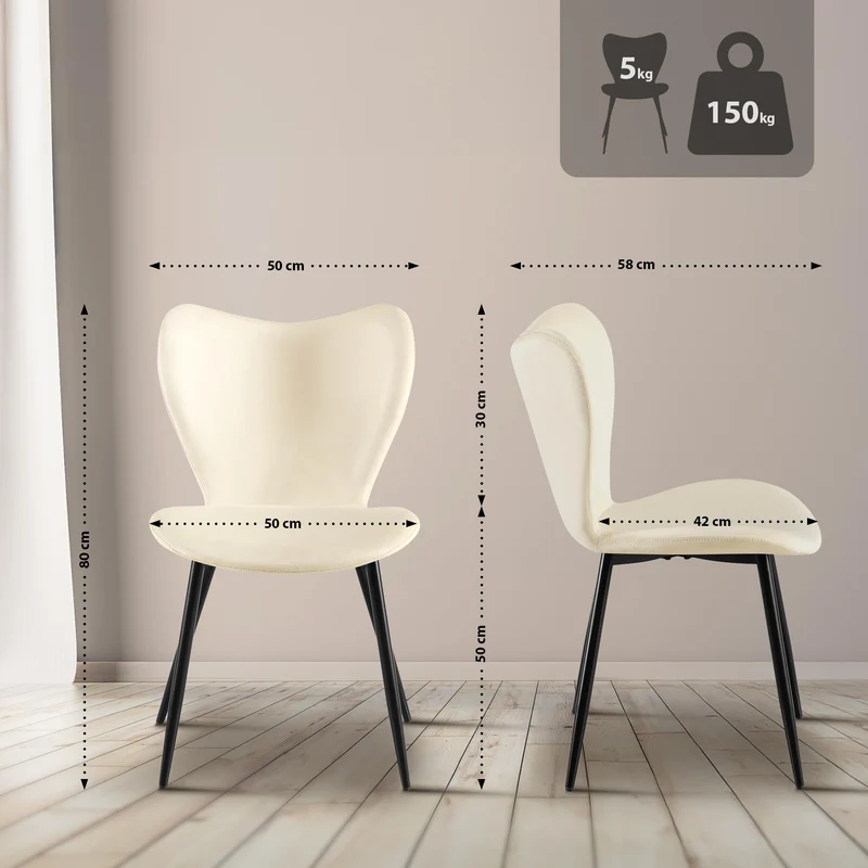 Chaise de salle à manger x1 dossier forme arrondie en papillon en velours crème à quatre pieds en métal noir 10_0007582