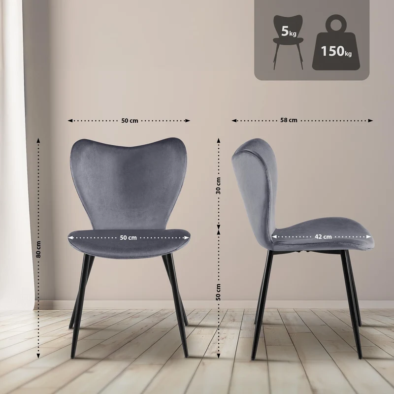 Chaise de salle à manger x1 dossier forme arrondie en papillon en velours gris foncé cadre à quatre pieds en métal noir 10_0007580
