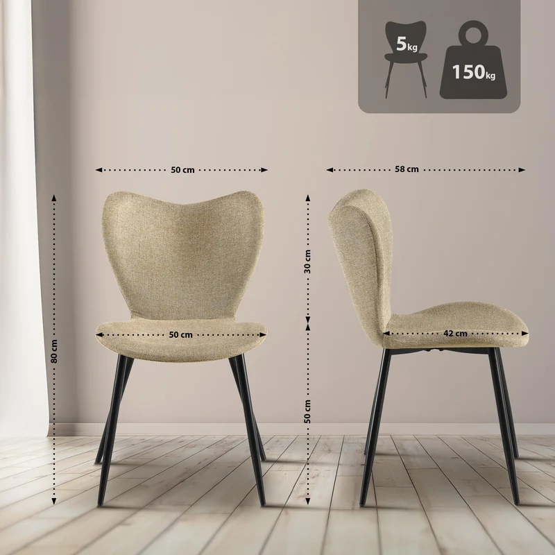 Chaise de salle à manger x1 dossier forme arrondie en papillon en tissu taupe cadre à quatre pieds en métal noir 10_0007579