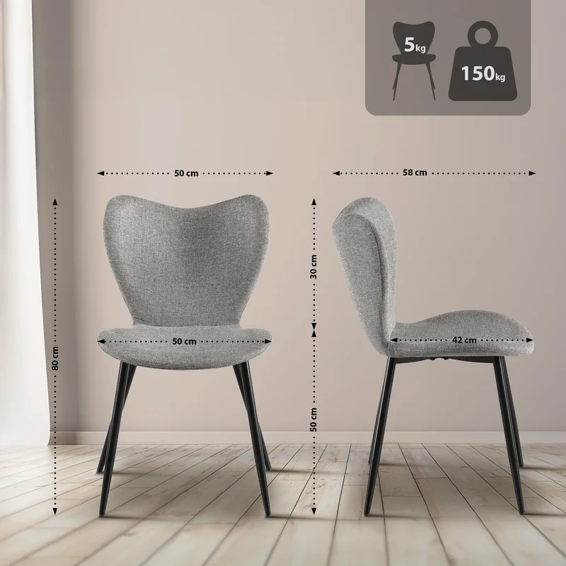 Chaise de salle à manger x1 dossier forme arrondie en papillon en tissu gris cadre à quatre pieds en métal noir 10_0007578