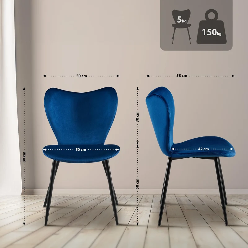 Chaise de salle à manger x1 dossier forme arrondie en papillon en tissu bleu foncé cadre à quatre pieds en métal noir 10_0007525