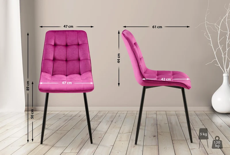 Chaise de salle à manger x1 coutures décoratives carrées en velours violet cadre métal noir 10_0007591