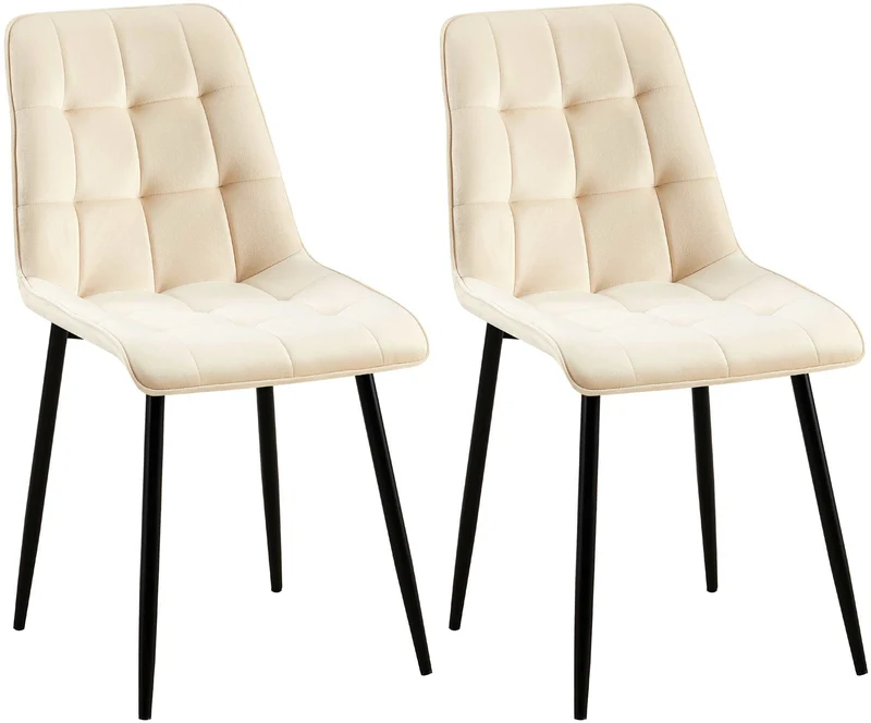 Lot de 2 chaises de salle à manger coutures décoratives carrées en velours crème cadre métal noir 10_0007434