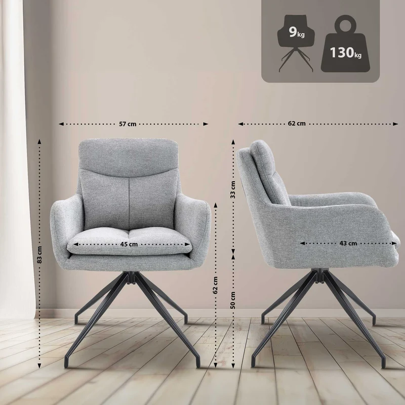 Chaise de salle à manger x1 avec accoudoirs assise fonction pivotante en tissu gris clair 10_0007729