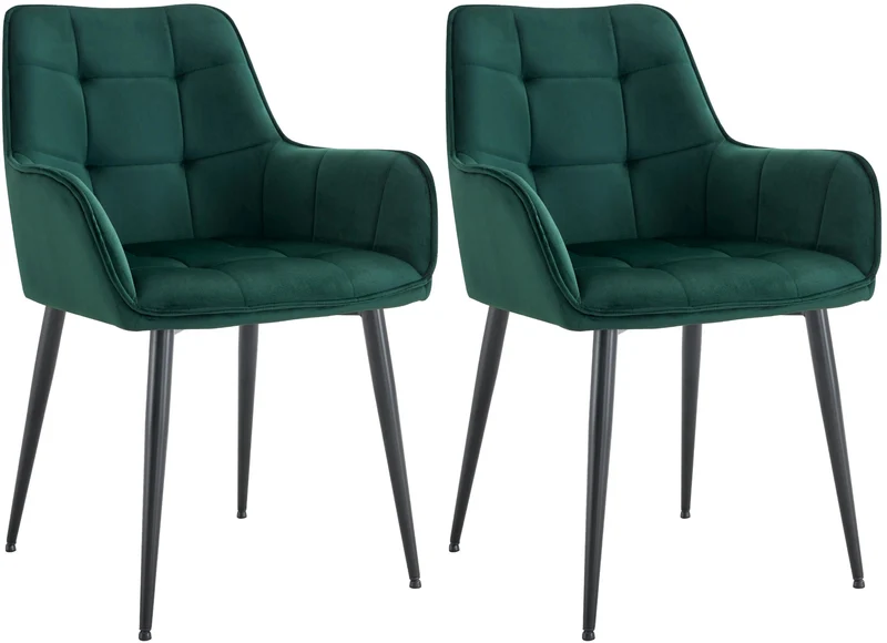 Lot de 2 chaises de salle à manger avec accoudoirs en velours vert foncé capitonné cadre métal noir 10_0007549