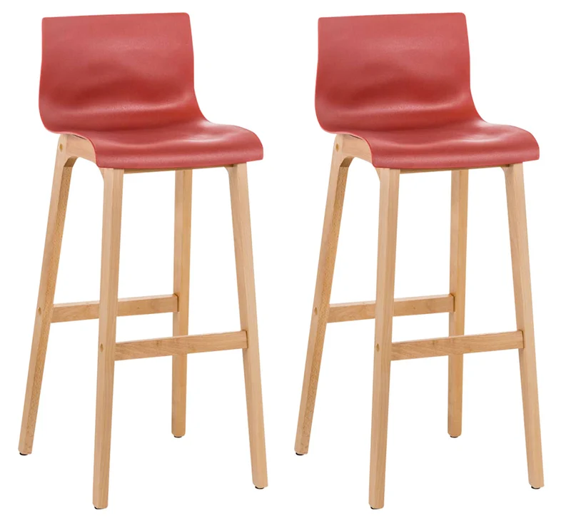 Lot de 2 tabourets de bar piètement à 4 pieds en bois assise plastique rouge style scandinave 10_0006196