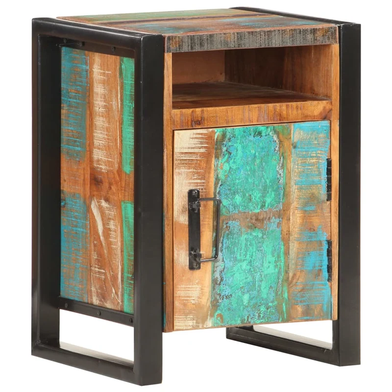 Table de chevet avec compartiment avec porte 40 x 35 x 55 cm bois de récupération coloré aspect vieilli DEC033005