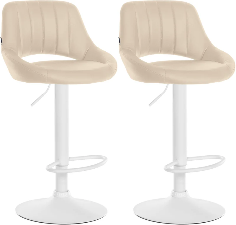 Lot de 2 tabourets de bar chaises hautes réglables en PVC crème dossier ajouré et pied métal blanc 10_0006798