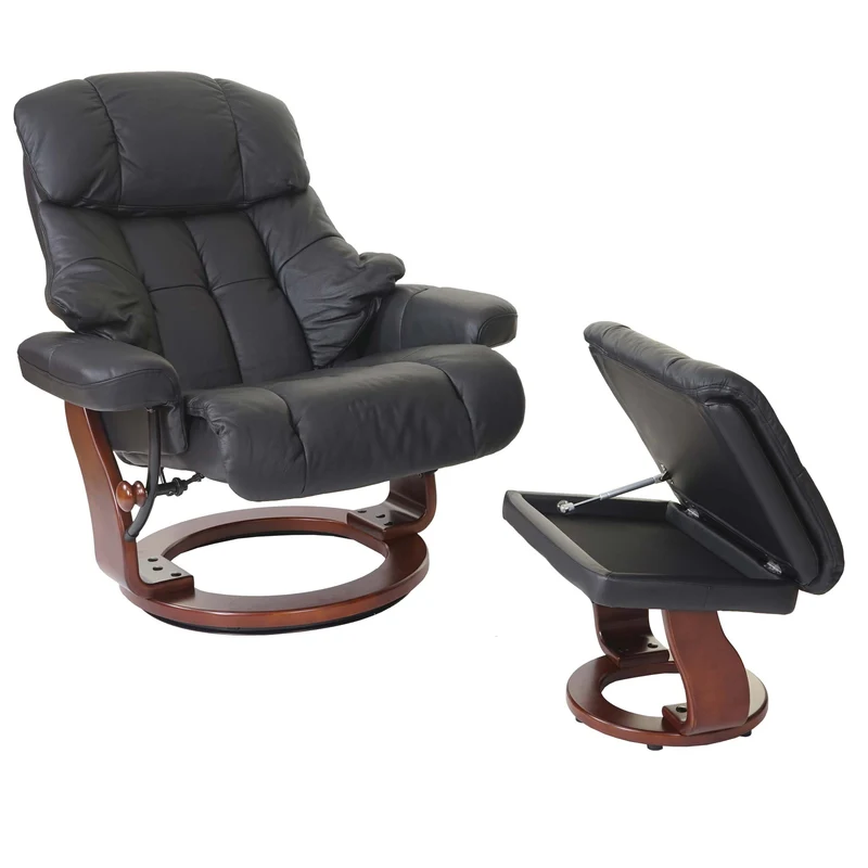Fauteuil de relaxation avec accoudoirs et repose-pieds en cuir véritable noir cadre en bois aspect noyer 04_0007818