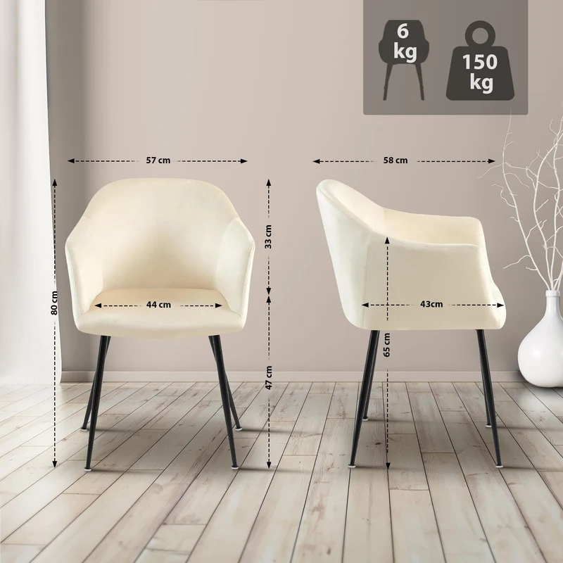 Chaise de salle à manger en velours crème avec dossier arrondi et pieds métal noir moderne et intemporel 10_0007497