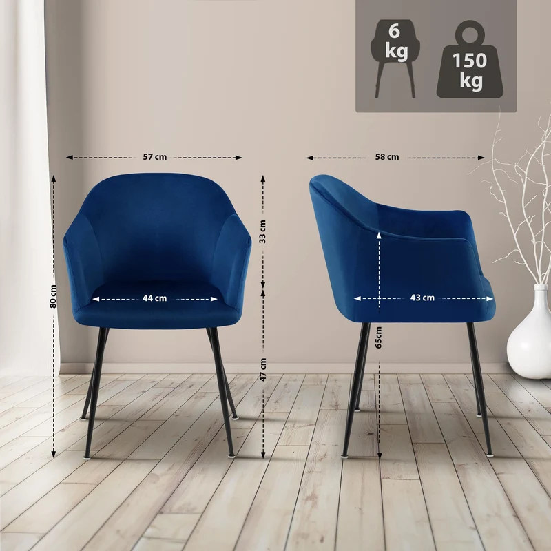 Chaise de salle à manger en velours bleu avec dossier arrondi et pieds métal noir moderne et intemporel 10_0007433