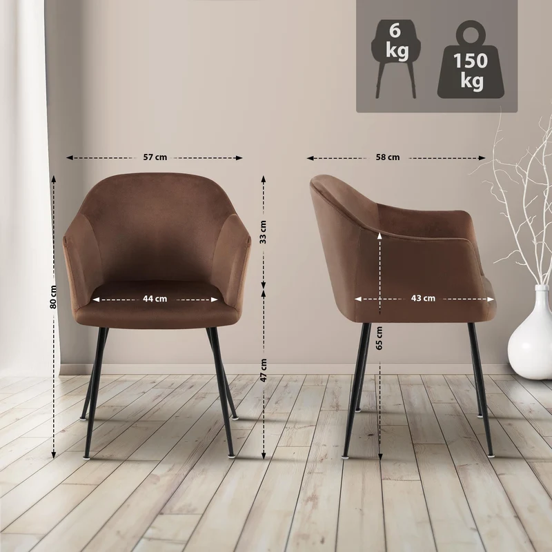 Chaise de salle à manger en velours marron avec dossier arrondi et pieds métal noir moderne et intemporel 10_0007431