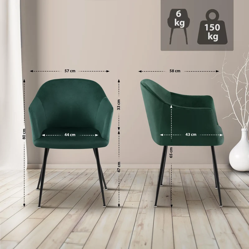 Chaise de salle à manger en velours vert foncé avec dossier arrondi et pieds métal noir moderne et intemporel 10_0007423
