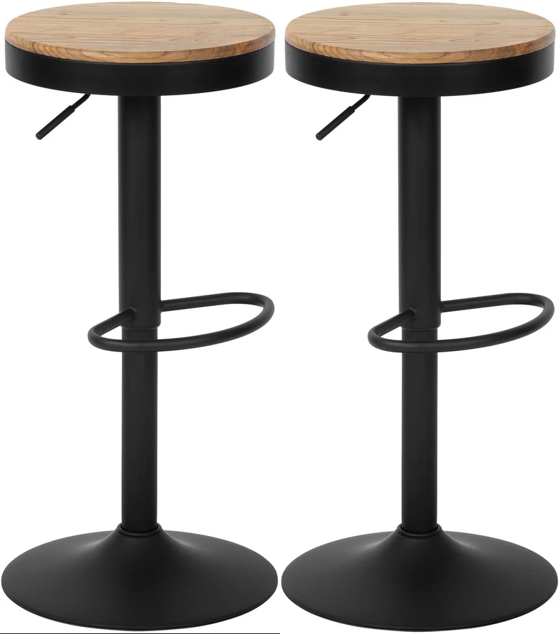 Lot de 2 tabourets de bar style industriel – Assise en bois et pied métal noir réglable et pivotant 10_0006776