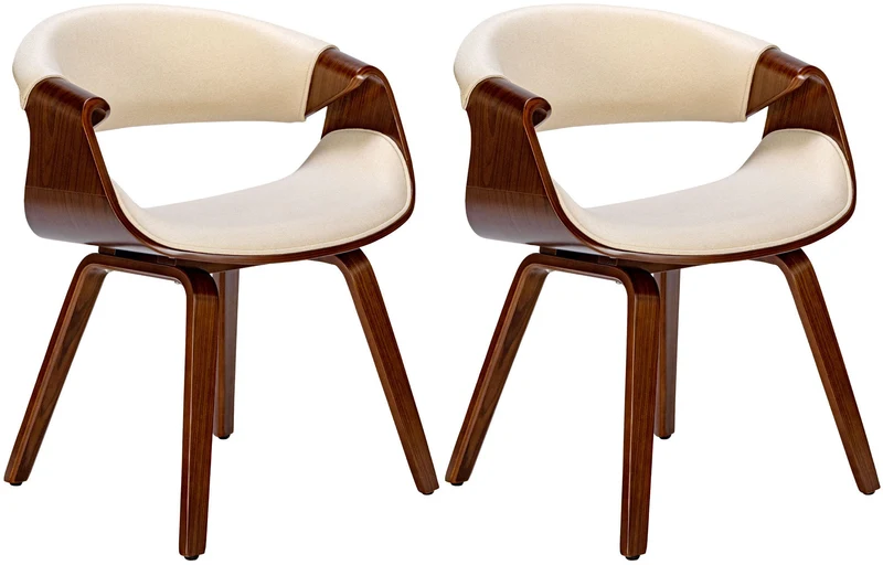 Lot de 2 chaises de salle à manger avec accoudoirs design rétro en tissu crème et bois marron 10_0007312