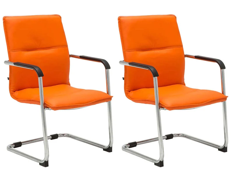 Lot de 2 chaises de bureau fauteuil visiteur avec accoudoirs en PVC orange et métal aspect chromé 10_0007869