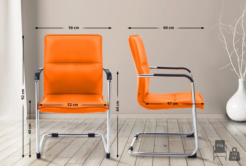 Chaise de bureau fauteuil visiteur avec accoudoirs en PVC orange et métal aspect chromé 10_0007834