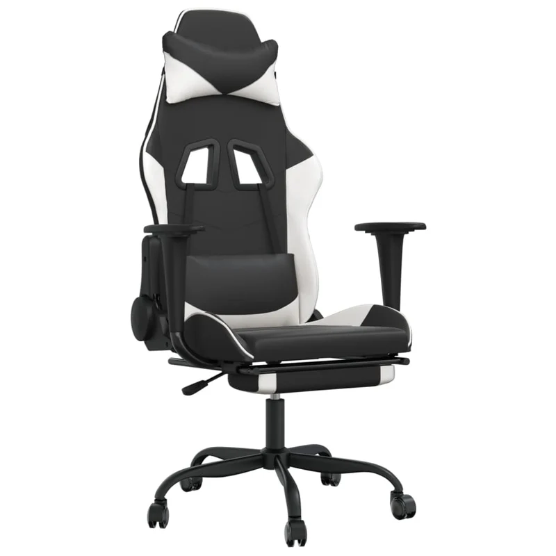 Fauteuil de bureau chaise gaming avec coussin lombaire avec repose-pieds en PVC noir et blanc DEC025851