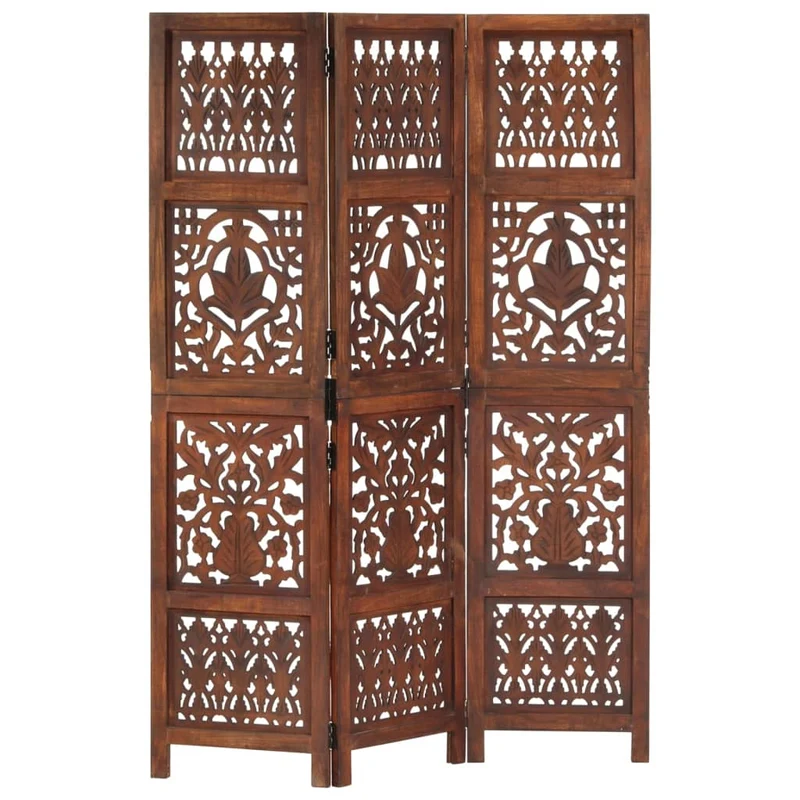 Paravent séparateur de pièce cloison 3 panneaux motifs sculptés à la main 120 x 165cm bois manguier marron DEC030772