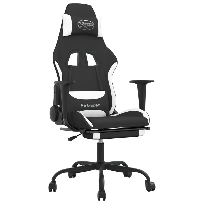 Fauteuil de bureau chaise gaming avec coussin lombaire avec repose-pieds en tissu blanc et noir DEC025834