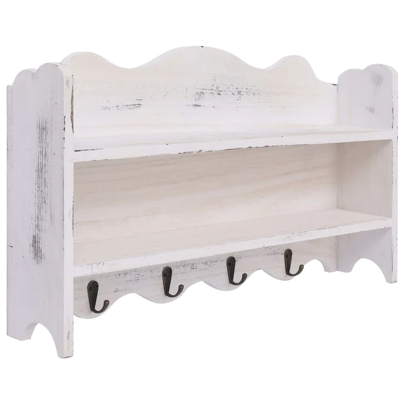 Porte-manteau mural étagère en bois blanc avec 4 crochets 50x10x30 cm Bois DEC024214