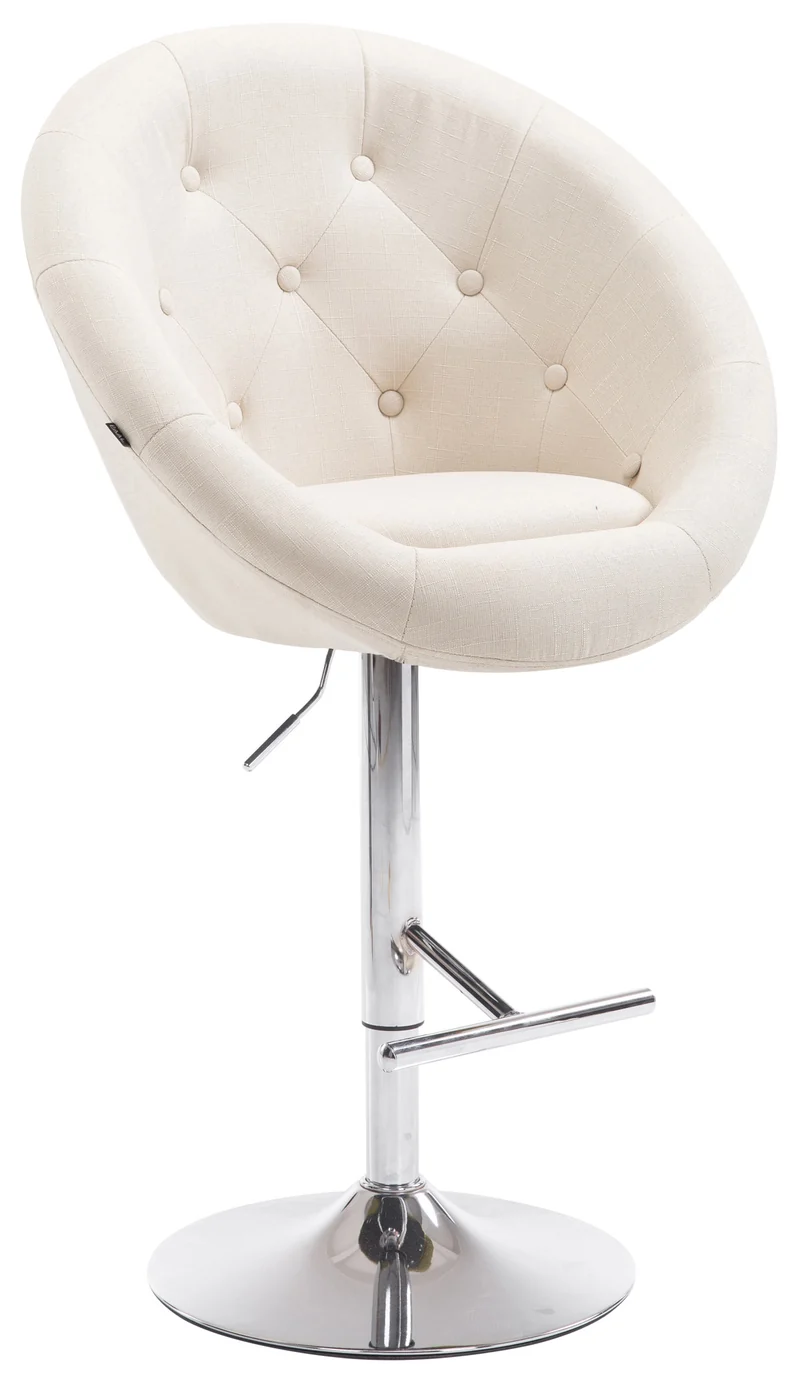 Tabouret de bar design moderne forme œuf capitonné avec repose-pieds en métal chromé tissu crème TDB10334