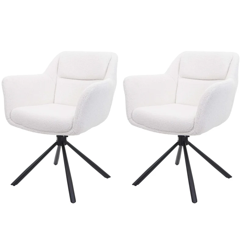 Lot de 2 chaises de salle à manger avec accoudoirs siège pivotant en tissu bouclé blanc 04_0007364