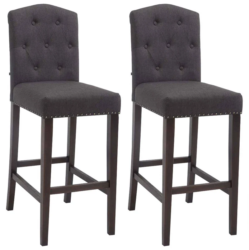 Lot de 2 tabouret de bar capitonné style baroque en tissu gris foncé pieds en bois marron foncé 10_0000548