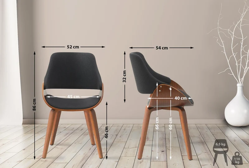Chaise de salle à manger x1 design scandinave en bois courbé couleur noyer et tissu noir 10_0007437