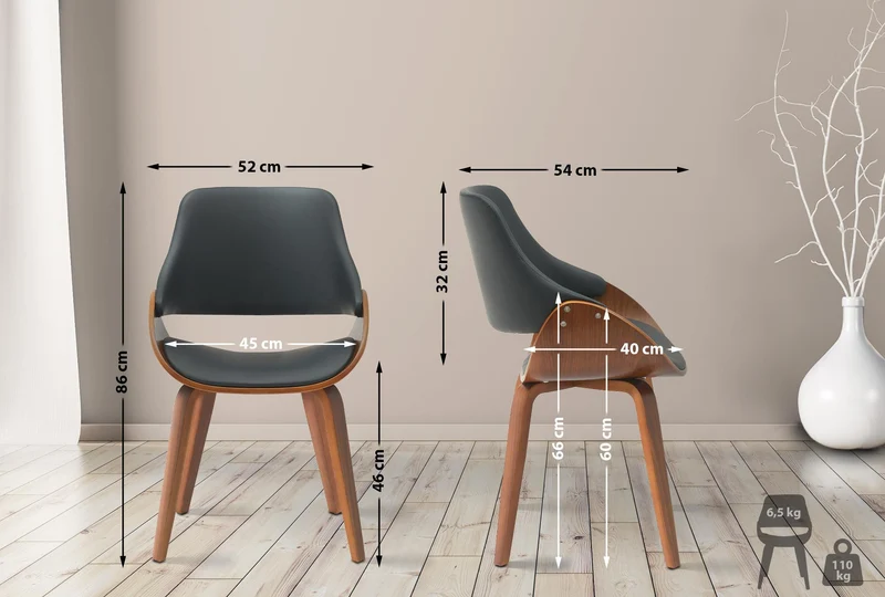 Chaise de salle à manger x1 design scandinave en bois courbé couleur noyer et PVC noir 10_0007264