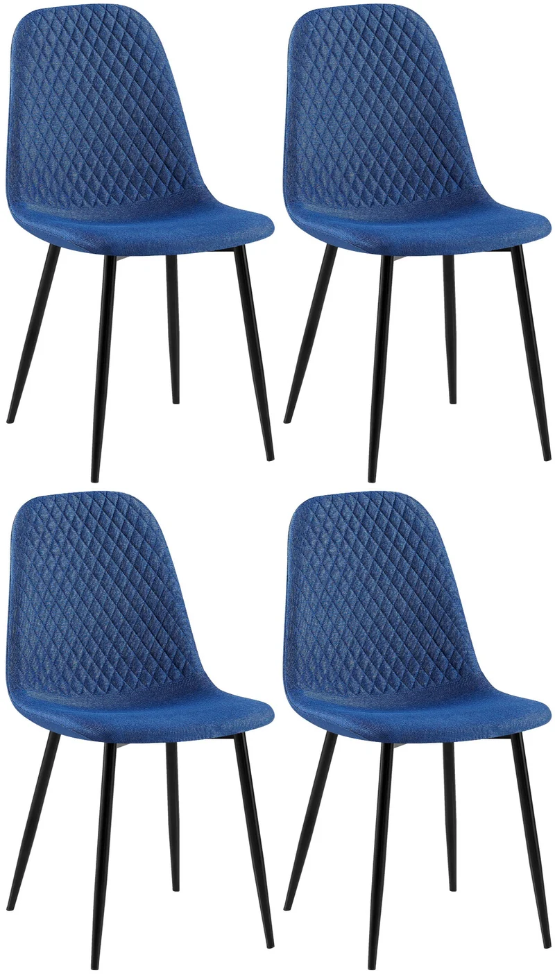 Chaises de salle à manger x4 coutures décoratives losanges assise en tissu bleu pieds métal noir mat 10_0007724