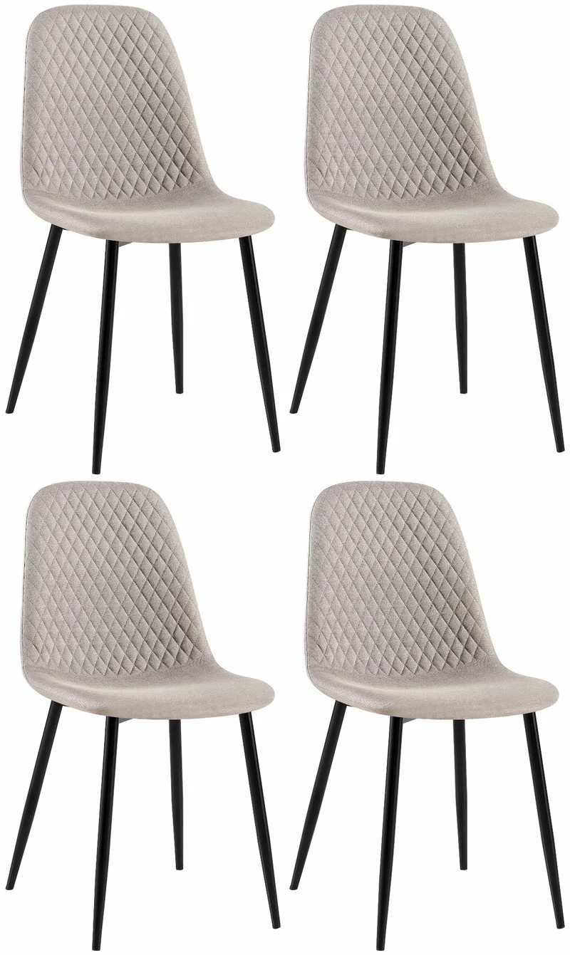 Chaises de salle à manger x4 coutures décoratives losanges assise en tissu gris pieds métal noir mat 10_0007684