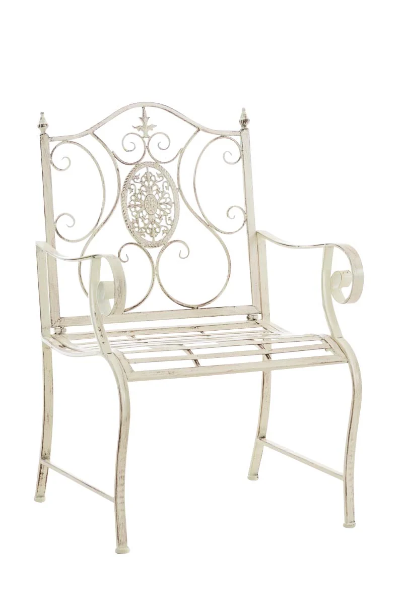 Chaise de jardin balcon terrasse avec accoudoirs design rustique en métal crème vieilli 10_0003025