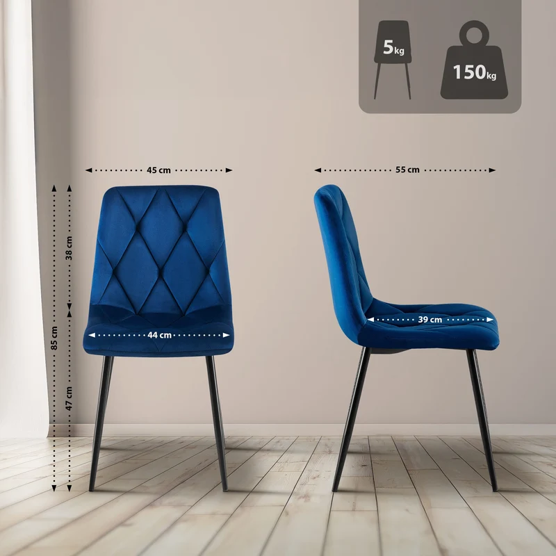 Lot de 2 chaises de salle à manger design moderne surpiqûres en losange velours bleu foncé et cadre métal noir 10_0007395