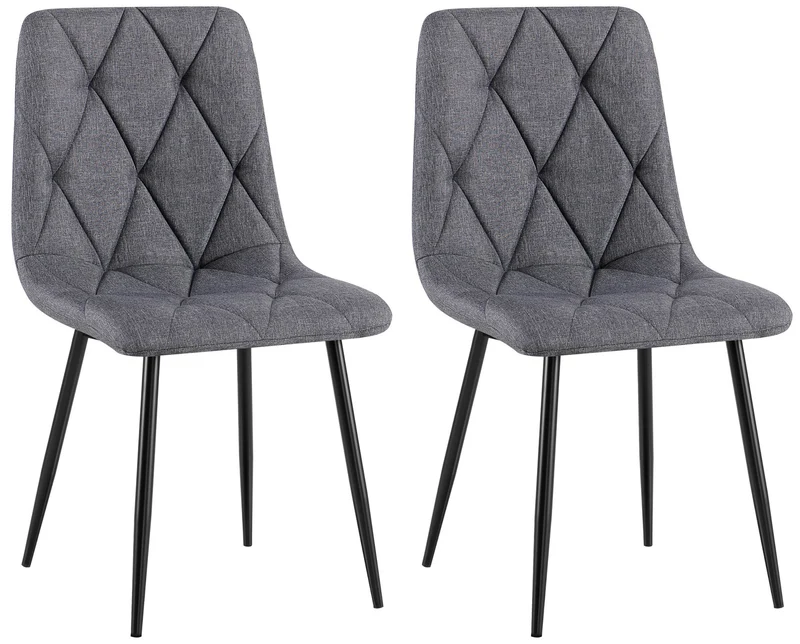 Lot de 2 chaises de salle à manger design moderne surpiqûres en losange tissu gris foncé et cadre métal noir 10_0007336