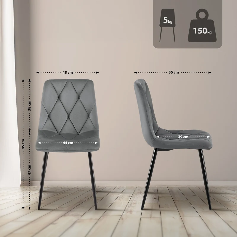 Lot de 2 chaises de salle à manger design moderne surpiqûres en losange velours gris et cadre métal noir 10_0007316