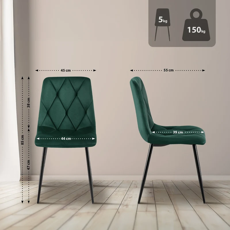 Lot de 2 chaises de salle à manger design moderne surpiqûres en losange velours vert et cadre métal noir 10_0007315