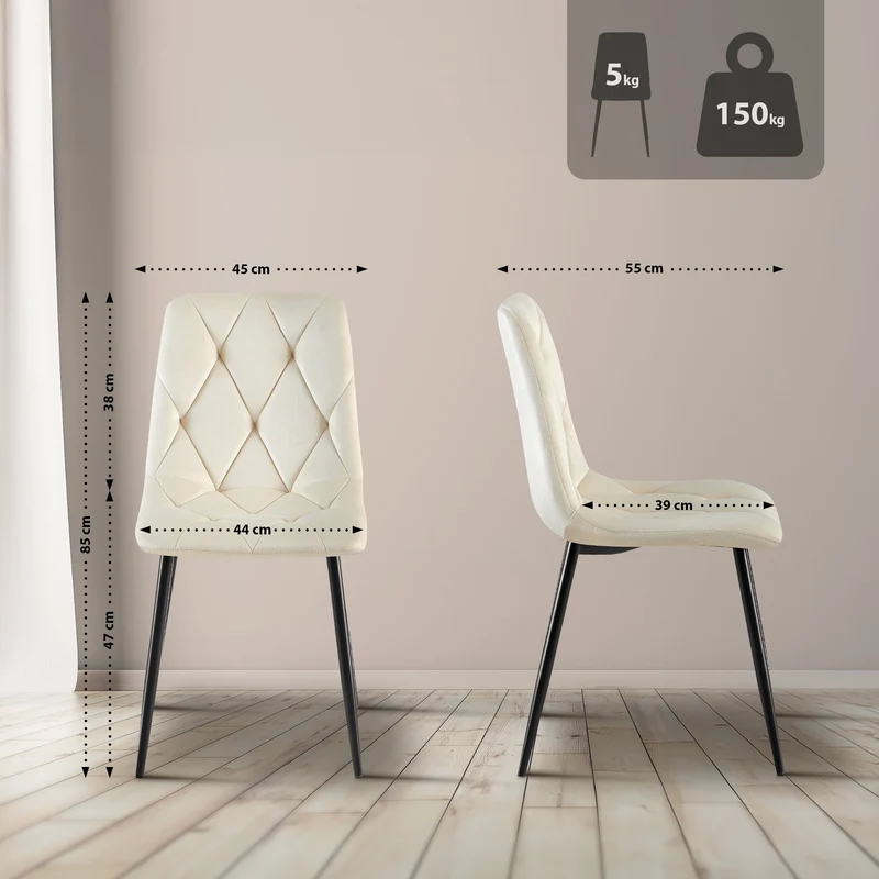 Lot de 2 chaises de salle à manger design moderne surpiqûres en losange velours crème et cadre métal noir 10_0007313
