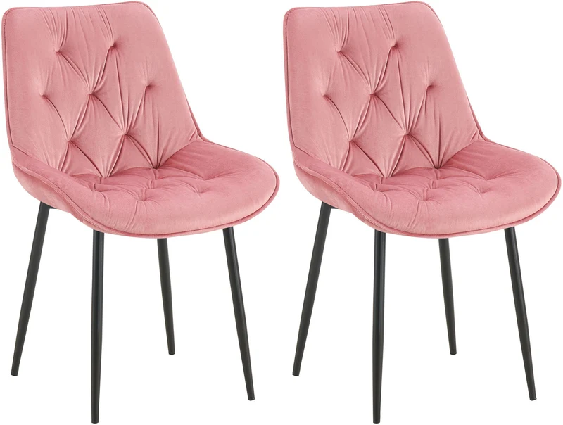 Lot de 2 chaises de salle à manger assise et dossier capitonné en velours rose et métal noir 10_0007459