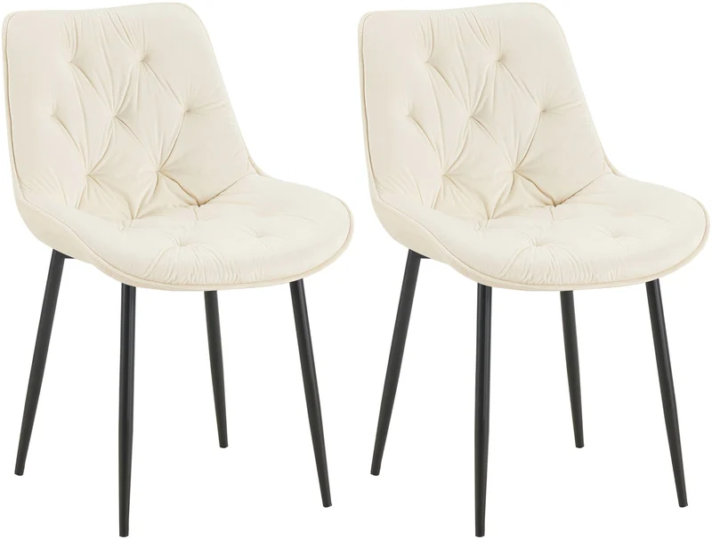 Lot de 2 chaises de salle à manger assise et dossier capitonné en velours crème et métal noir 10_0007322