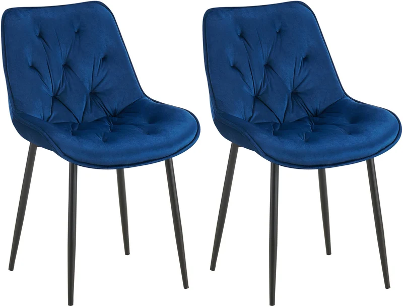 Lot de 2 chaises de salle à manger assise et dossier capitonné en velours bleu et métal noir 10_0007320