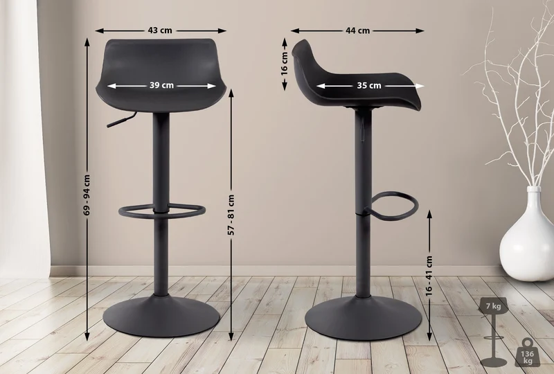 Tabouret de bar x1 avec repose-pieds cadre en métal noir assise plastique noir 10_0005593