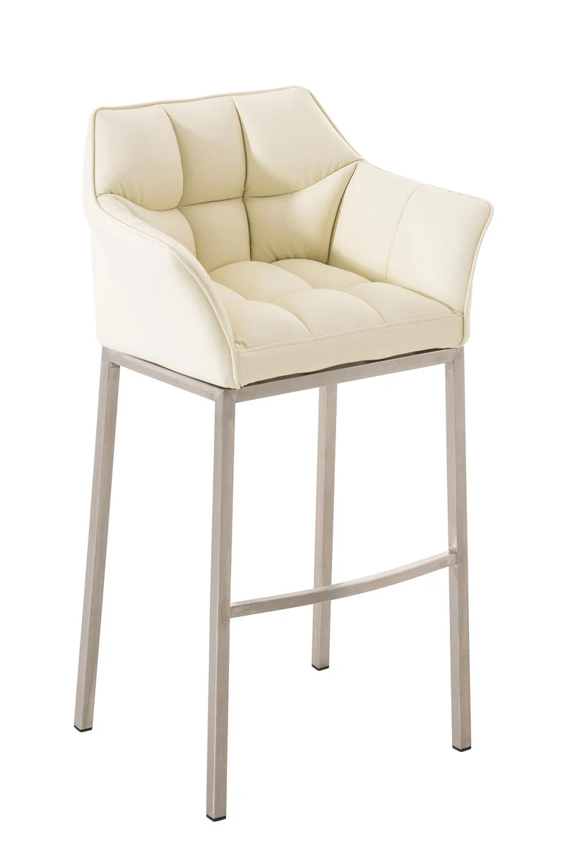 Tabouret de bar chaise haute de comptoir couture carrées assise en PVC crème 4 pieds stables en acier inoxydable 10_0004714
