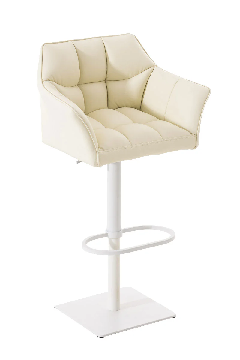 Tabouret de bar chaise haute de comptoir couture carrées assise en PVC crème cadre carré en métal blanc 10_0004737