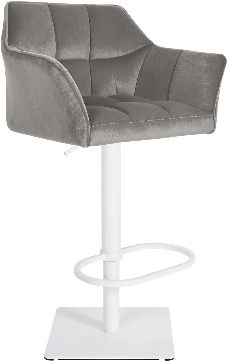 Tabouret de bar x1 réglable en velours gris assise enveloppante capitonnée avec base carrée en métal blanc 10_0006309